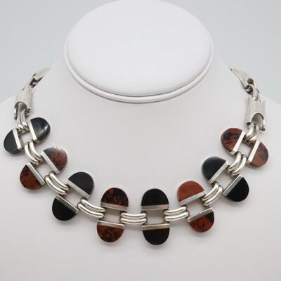 Taxco Mexico 950 Sterling Silver Necklace Onyx & Red Jasper TS-108