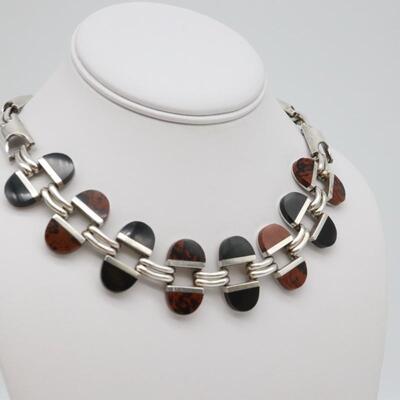 Taxco Mexico 950 Sterling Silver Necklace Onyx & Red Jasper TS-108