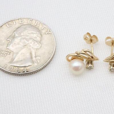 Pair of 14k Yellow Gold Pearl & Diamond Earrings