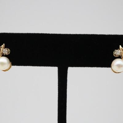 Pair of 14k Yellow Gold Pearl & Diamond Earrings