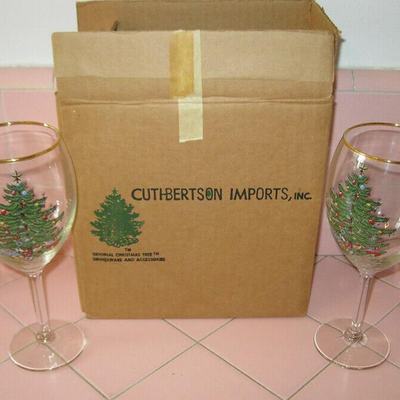 MS Cuthbertson 4 Water Goblets 8.5" Original Christmas Tree Gold Trim Original Box
