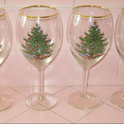 MS Cuthbertson 4 Water Goblets 8.5" Original Christmas Tree Gold Trim Original Box