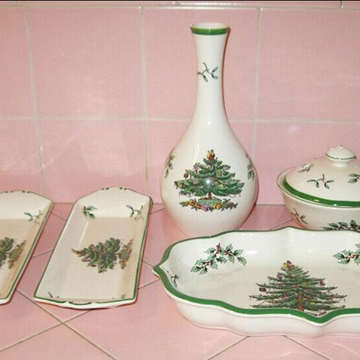 MS 5 pcs Spode Christmas Tree Vase Covered Dish Ogee Candy 2 Trays Mints England