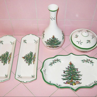 MS 5 pcs Spode Christmas Tree Vase Covered Dish Ogee Candy 2 Trays Mints England