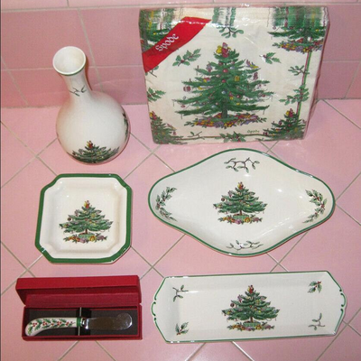 MS 7 pcs Spode Christmas Tree Vase Cheese Knife 8" Napkins Candy Trays Towel England