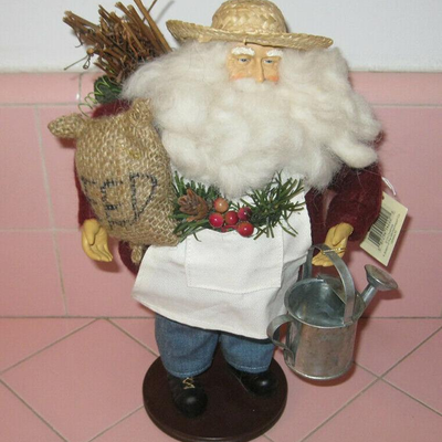 MS Santa Claus Doll Figure by Tina Mitchell Gardener Water Can Seed Bag Sticks