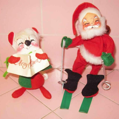 MS 2 Annalee Dolls Santa On Skis Mouse Singing Merry Christmas Mobilitee 1963