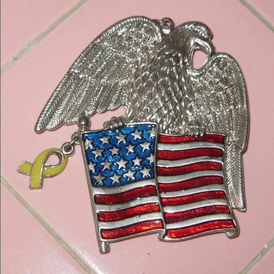 MS Gorham American Eagle Ornament Enamel Stars & Stripes Flag Yellow Ribbon