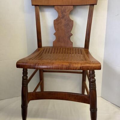 A - 385. Antique Birdseye & Tiger Maple Wood Chair with Cane Holed Seat
