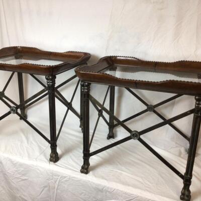 C429 Pair of Leather / Iron Glass Top End Tables