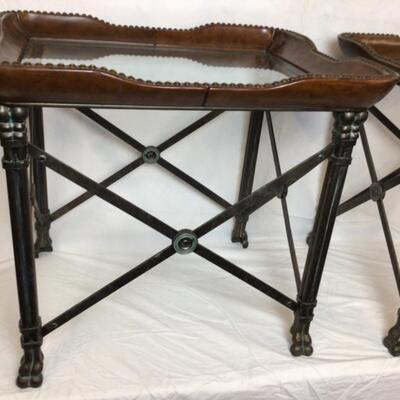 C429 Pair of Leather / Iron Glass Top End Tables