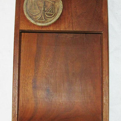 MS Teak Desk Tray Note Paper Ceramic Emblem Libra Scales Zodiac Rathcraft Mid Mod