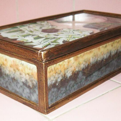 MS Wooden Jewelry Box Nude Calla Lilies 1944 Diego Rivera Glass Panels Peru Trinket