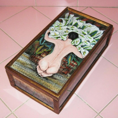 MS Wooden Jewelry Box Nude Calla Lilies 1944 Diego Rivera Glass Panels Peru Trinket