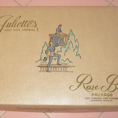 MS 1930s Juliette's Candy Box Rose Bud Package Los Angeles Pasadena Cardboard