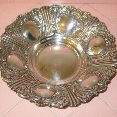 MS Vintage Silverplate Centerpiece Bowl by F.B. Rogers Spain Feathers Ferns Label