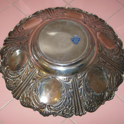MS Vintage Silverplate Centerpiece Bowl by F.B. Rogers Spain Feathers Ferns Label