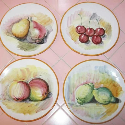 MS 4 Vintage 8" Hand Painted Plates Made Italy Fruits Cherry Pear Apple MCM 1960s