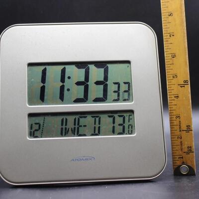 Atomix Battery Operated Wall or Table Clock Time, Date, and Thermometer