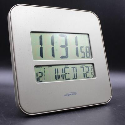 Atomix Battery Operated Wall or Table Clock Time, Date, and Thermometer
