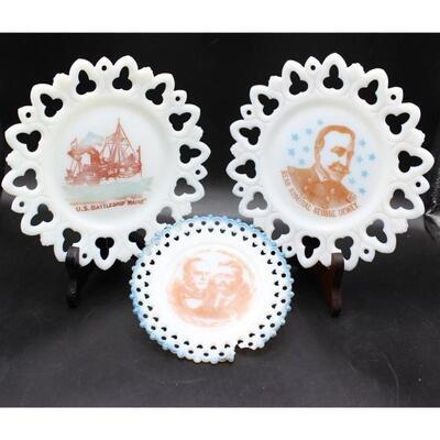 Set of Antique Collectible Milk Glass Political Campaign Commemorative Plates