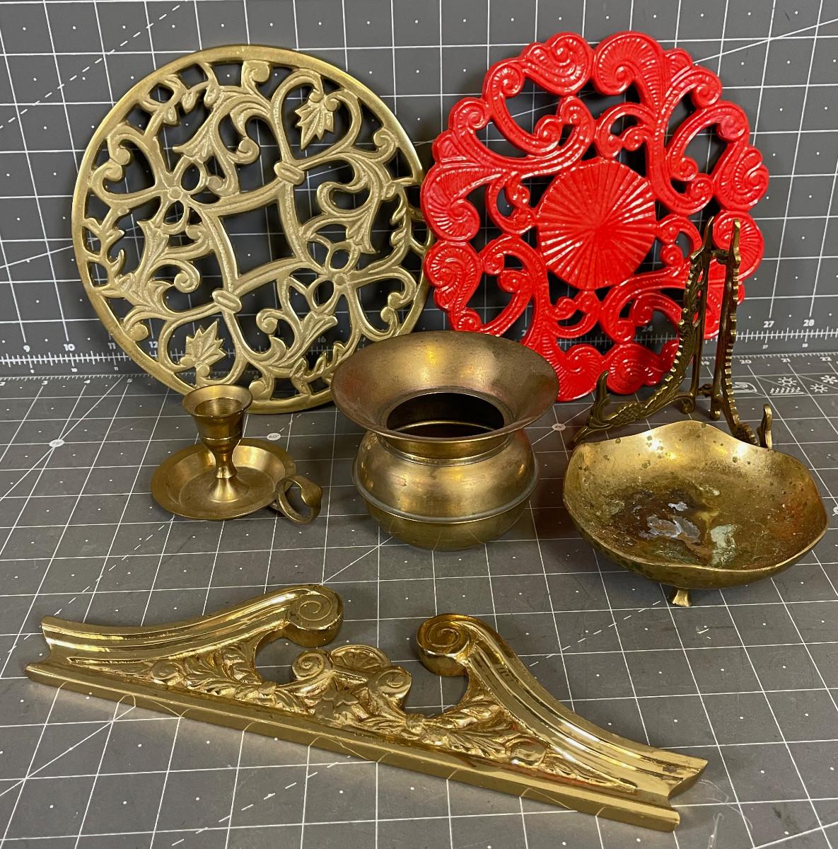 Collection of Brass Trivet, Spittoon, Easel, Etc.