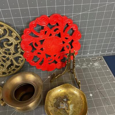 Collection of Brass: Trivet, Spittoon, Easel, Etc.  