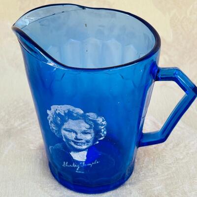 AA   1930S COLLECTABLE SHIRLEY TEMPLE BLUE GLASS BOWL & PITCHER PHOTO DECAL