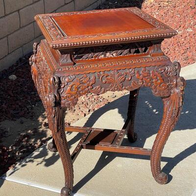 AA   ANTIQUE CHINESE HEAVILY CARVED DRAGON SIDE TABLE MAHOGANY
