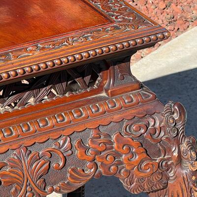 AA   ANTIQUE CHINESE HEAVILY CARVED DRAGON SIDE TABLE MAHOGANY