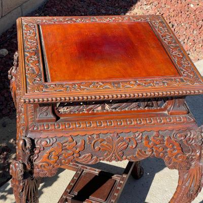 AA   ANTIQUE CHINESE HEAVILY CARVED DRAGON SIDE TABLE MAHOGANY