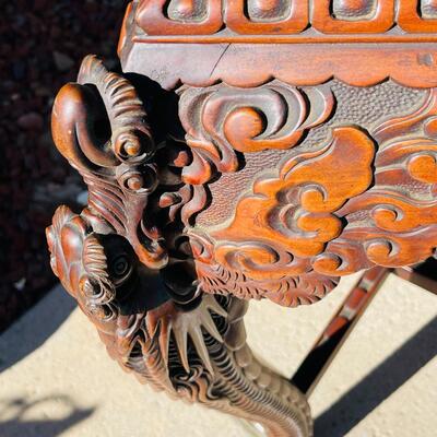 AA   ANTIQUE CHINESE HEAVILY CARVED DRAGON SIDE TABLE MAHOGANY