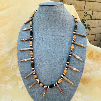 AA   WOODEN BEADS & SHELLS NECKLACE STRUNG ON LEATHER