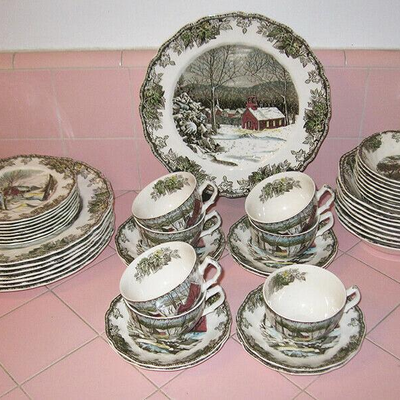 MS Set Johnson Bros Friendly Village Plates Bowls Cups Made England 47 pcs 8 Sttgs