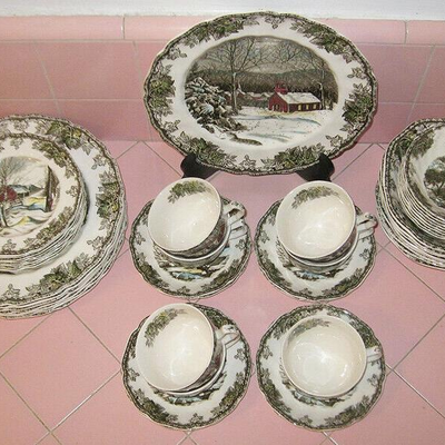 MS Set Johnson Bros Friendly Village Plates Bowls Cups Made England 47 pcs 8 Sttgs