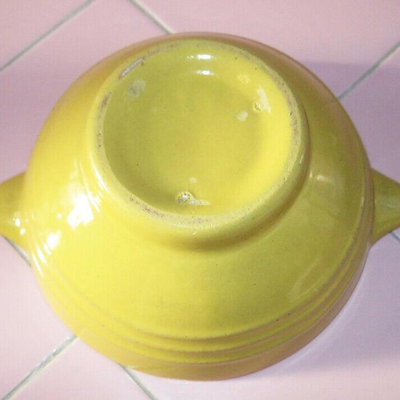 MS Pacific Pottery Yellow Onion Soup Bowl Mush Hostess California Tab Handle Rings