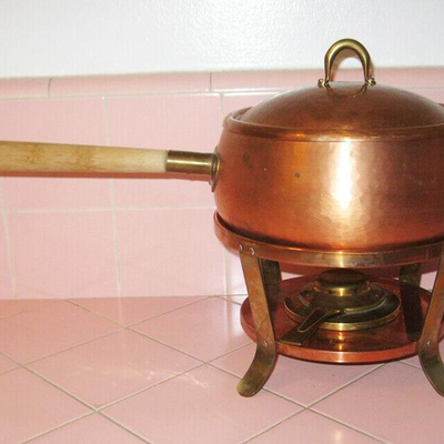 MS Vntg Copper Fondue Pot and Stand Meersburg West Germany Brass & Wood Handle 2 Qt