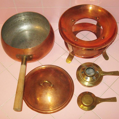 MS Vntg Copper Fondue Pot and Stand Meersburg West Germany Brass & Wood Handle 2 Qt