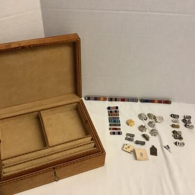 A - 502 Lot of WWII U.S. Army Air Force Pins/Ribbons & Leather Storage Box