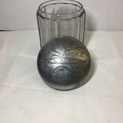 A - 508 Antique Glass Tobacco Cigar Jar with Sterling Silver Engraved Top
