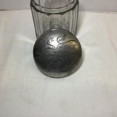 A - 508 Antique Glass Tobacco Cigar Jar with Sterling Silver Engraved Top