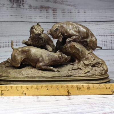 French Antique Heavy Bronze Sculpture Three Dogs Burrowing by Pierre Jules Mene