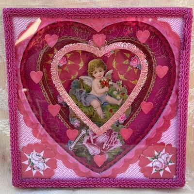 AA   HANDMADE VALENTINE SHADOW BOX ANTIQUE PAPERS & TRIM