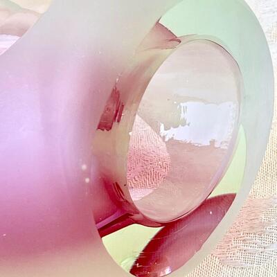AA  HEAVY GLASS FUSED PINK/WHITE VASE BUBBLE BY VINCI