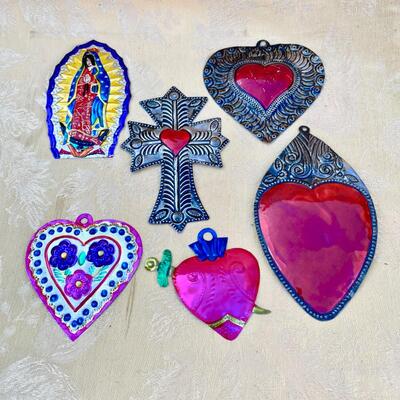 AA  PRESSED TIN ORNAMENTS FROM MEXICO HEARTS & OUR LADY