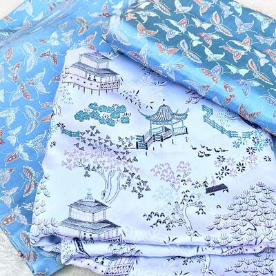 AA  VINTAGE HONG KONG SILK YARDAGE BUTTERFLIES PAGODAS