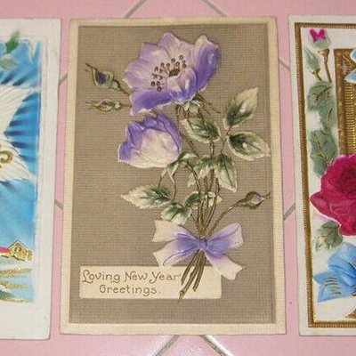 MS 3 Victorian Postcard Merry Christmas Happy New Year Embossed Fabric Layered 1911