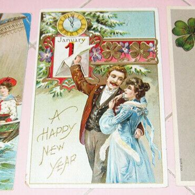 MS 3 Victorian Postcards Happy New Year Sailboat 4 Leaf Clover Tucks Gold Embossed