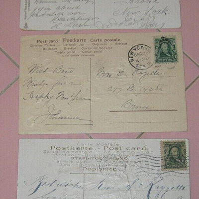 MS 3 Victorian Postcards Happy New Year Sailboat 4 Leaf Clover Tucks Gold Embossed