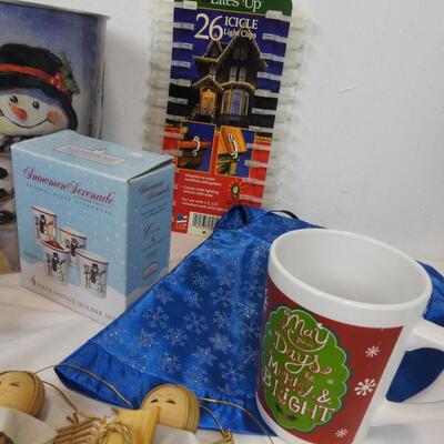 30 pc Christmas Holiday Decor: Angels, Mugs, Blue Lights, Light Clips, Boxes